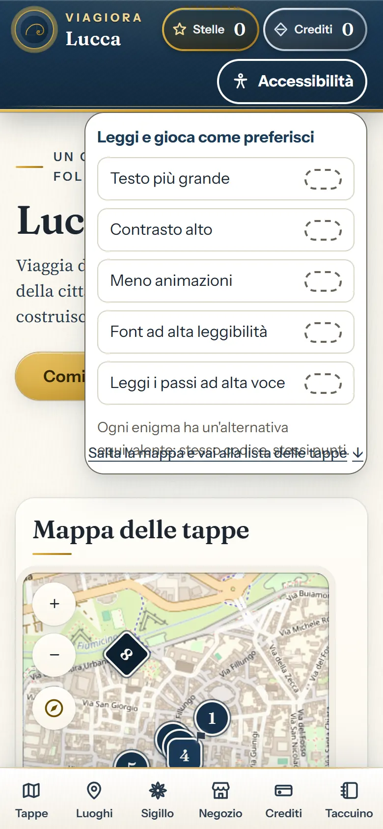 Pannello «Leggi e gioca come preferisci» aperto sopra la pagina di Lucca, con gli interruttori Testo più grande, Contrasto alto, Meno animazioni, Font ad alta leggibilità e Leggi i passi ad alta voce.