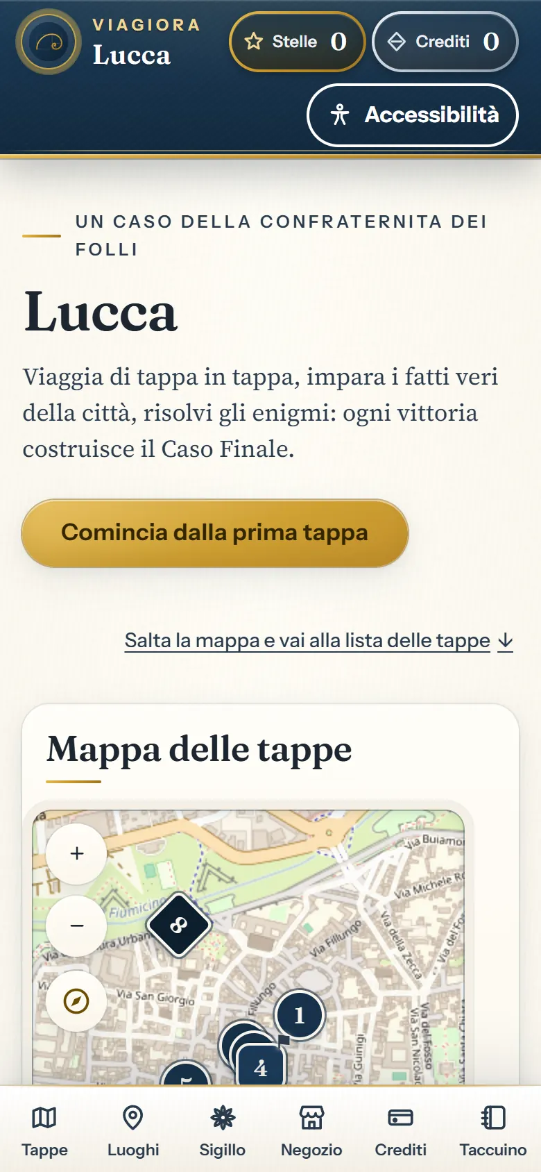 Pagina della città di Lucca: intestazione con Stelle e Crediti a zero, pulsante Accessibilità, titolo Lucca, pulsante «Comincia dalla prima tappa» e la mappa delle tappe.