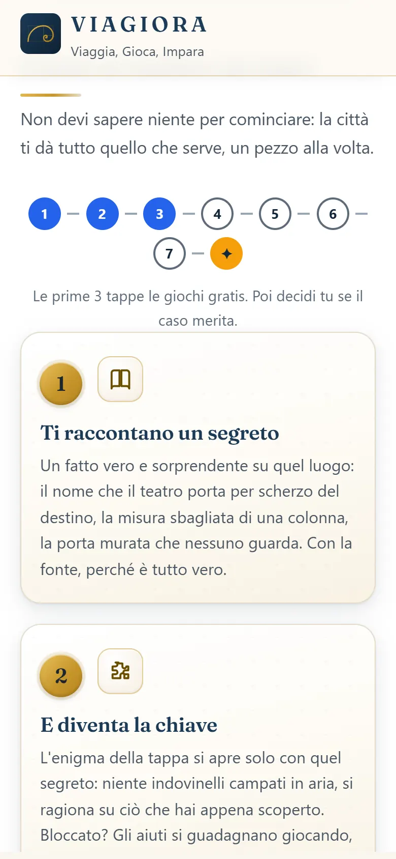 Sezione «Come funziona» della pagina iniziale con il percorso di otto tappe: le prime tre segnate come gratis, l’ottava come Sigillo.