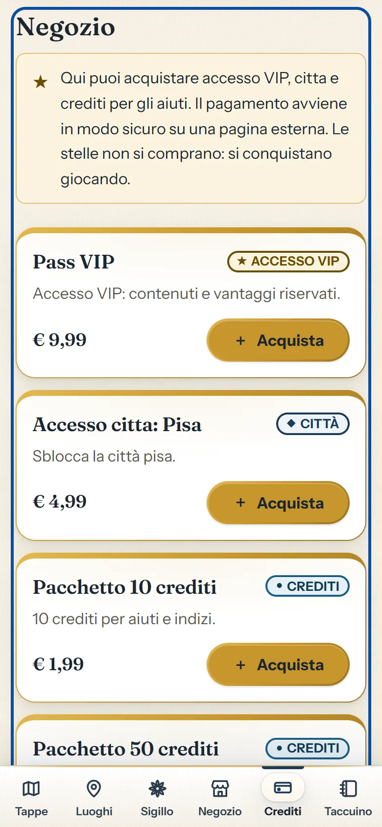 Scheda Crediti: spiegazione del QR delle botteghe, saldo dei crediti disponibili, campo «Codice della bottega» e pulsante Riscatta.