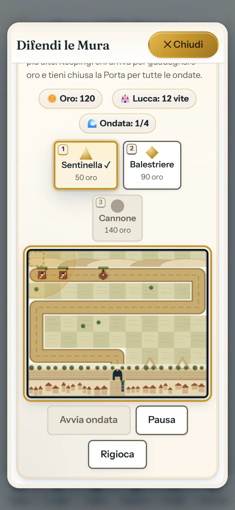 Il gioco «Difendi le Mura» di Lucca aperto: oro, vite, ondata 1 di 4, le tre torri Sentinella, Balestriere e Cannone da piazzare con un tocco, il campo di gioco e i pulsanti Avvia ondata, Pausa e Rigioca.
