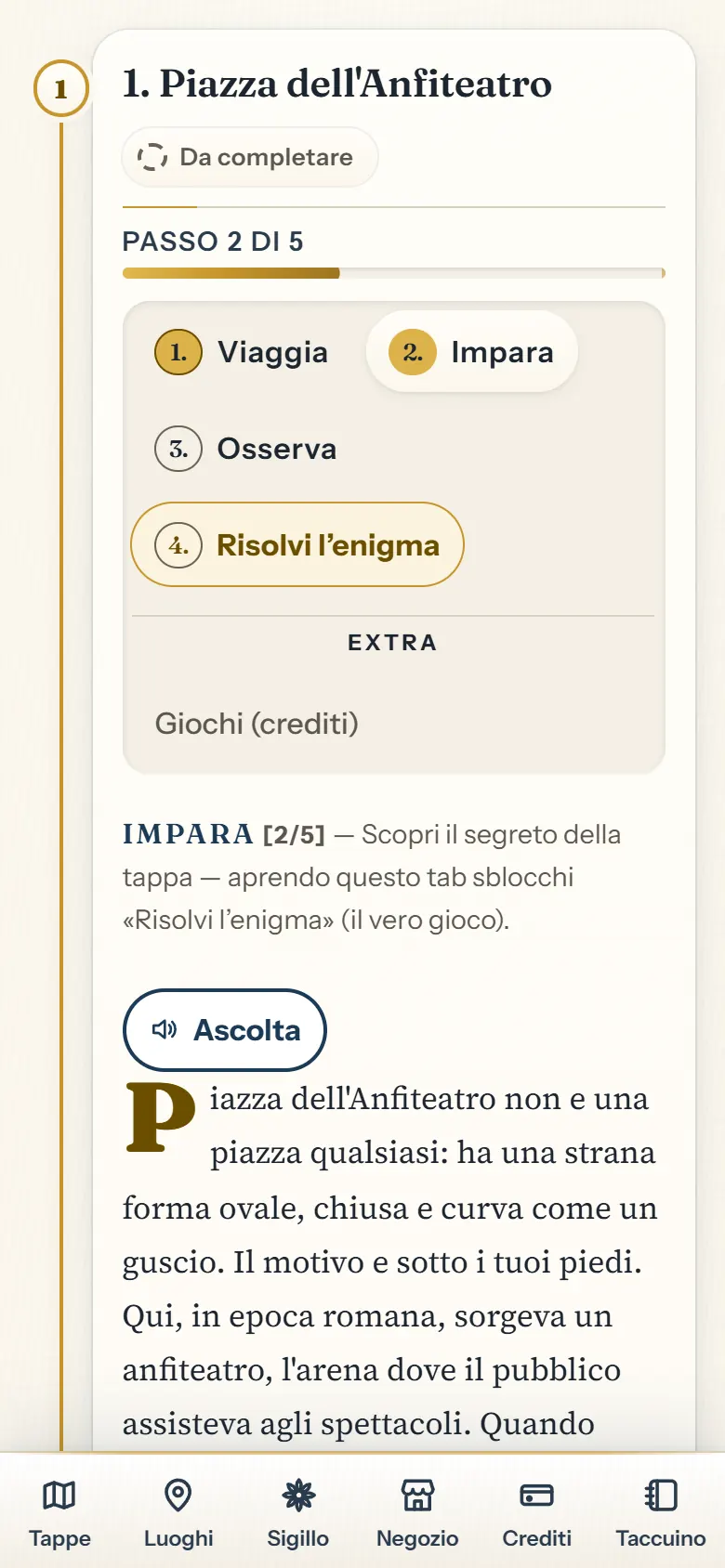 Scheda Impara della stessa tappa: barra «Passo 2 di 5», pulsante Ascolta e l’inizio della microstoria su Piazza dell’Anfiteatro.