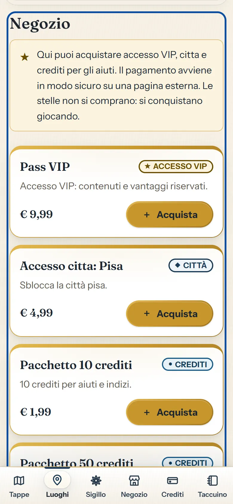Scheda Luoghi: la mappa dei luoghi da visitare con i marcatori numerati e, sotto, la lista dei luoghi con il pulsante Naviga.