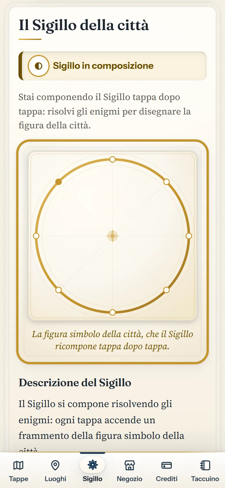 Scheda Sigillo della città con la barra di progresso «Sigillo: N di 8 tappe verso il Caso Finale» e la spirale con gli slot ancora vuoti.
